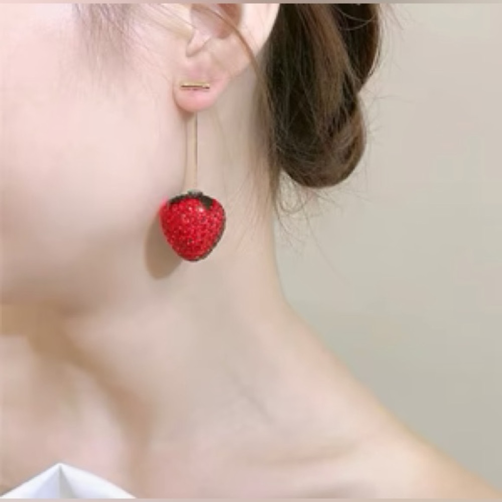 New Free People Strawberry And Stem Fruit Threader Dangle Earrings - Picture 11 of 15